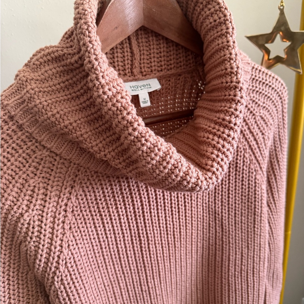 Haven Well Within Chunky Knit Cozy Pink Cowl Neck Sweater - Picture 2 of 6